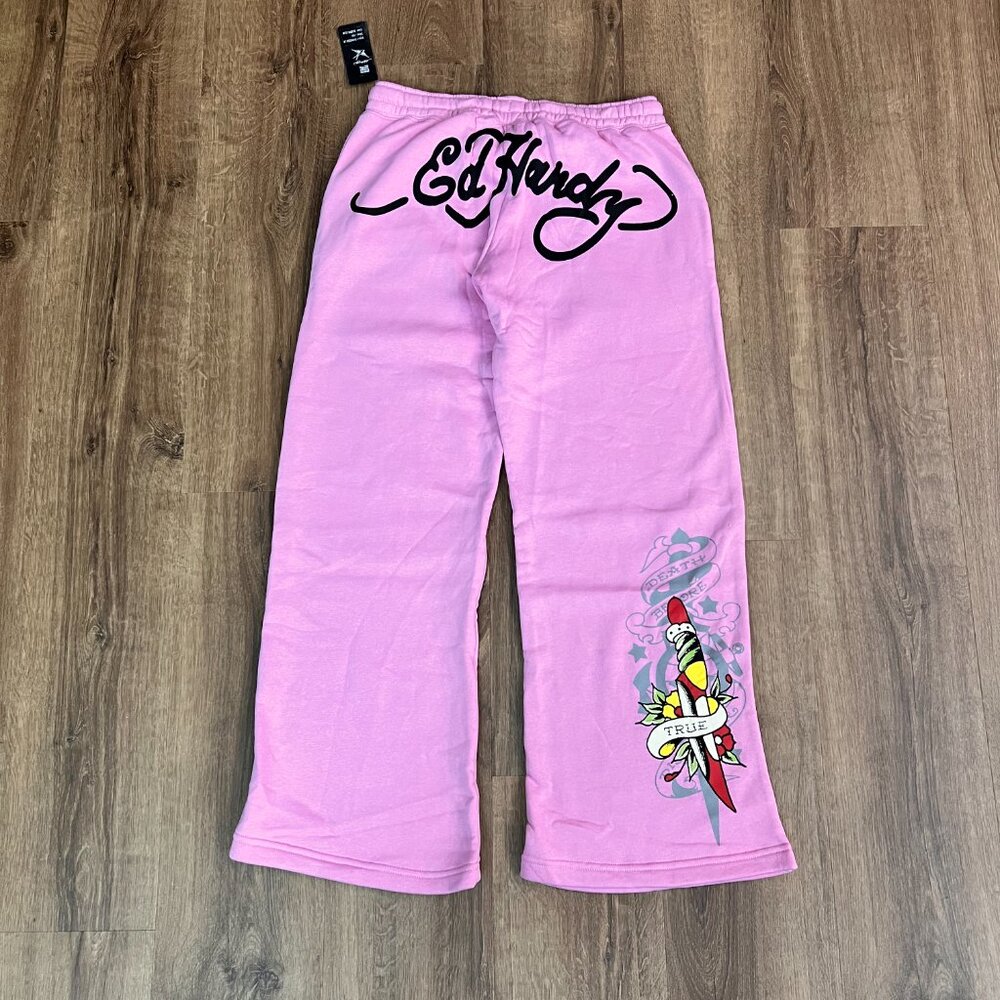 NEW Ed Hardy Tiger Tattoo Wide Leg Pink Jogger Sweatpants Y2K - Picture 4 of 15
